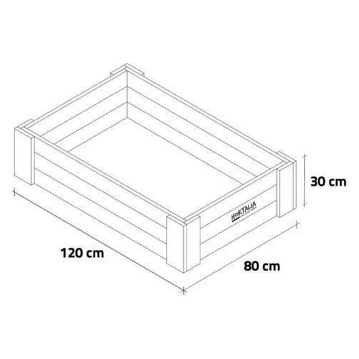 Dibujo isométrico de un huerto urbano rectangular con dimensiones 120x80x30 cm.