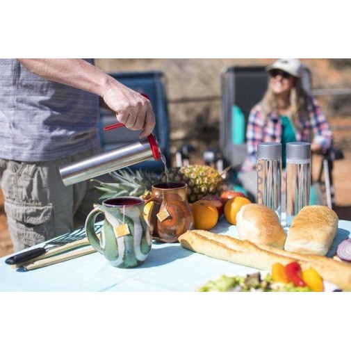 Persona sirviendo cerveza Gosun en un picnic al aire libre, rodeada de diversos alimentos.