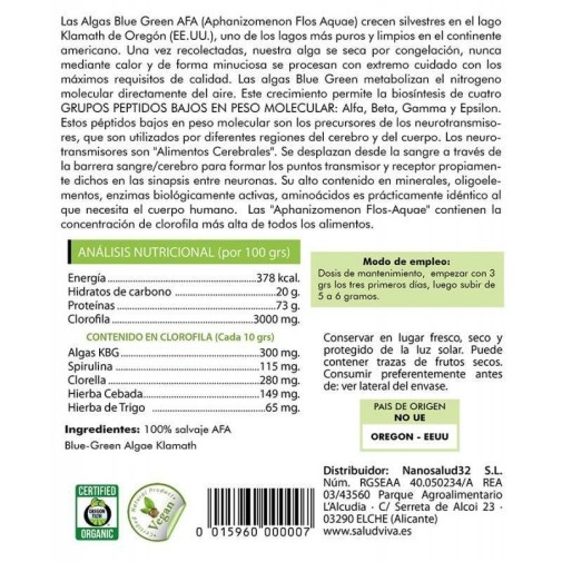 Explora la información nutricional de Alga Klamath, un superalimento natural, con detalles y códigos de barras.