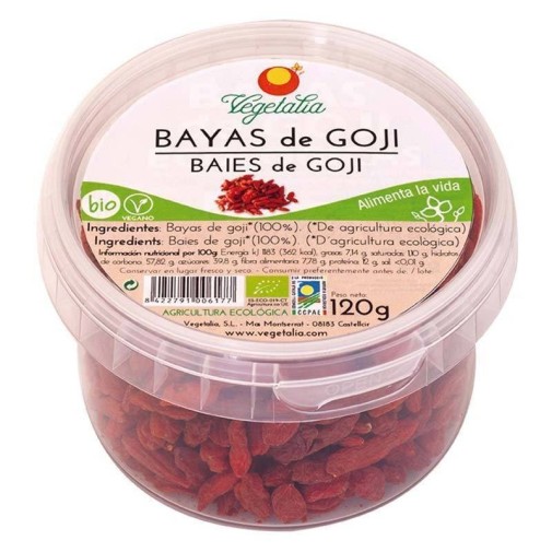Envase de plástico de bayas de goji ecológicas con etiquetas de Bayas de Goji en castellano y catalán.