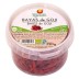 Envase de plástico de bayas de goji ecológicas con etiquetas de Bayas de Goji en castellano y catalán.