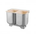 Bañera de acero inoxidable con dos compartimentos y base de soporte. Ideal para limpieza.