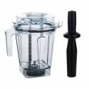 Jarra de licuadora vitamix transparente con tapa y herramienta mezcladora negra.
