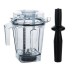 Jarra de licuadora vitamix transparente con tapa y herramienta mezcladora negra.