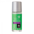Botella de desodorante roll-on de color verde con etiqueta "Aloe Vera Deo Crystal" y tapón plateado.