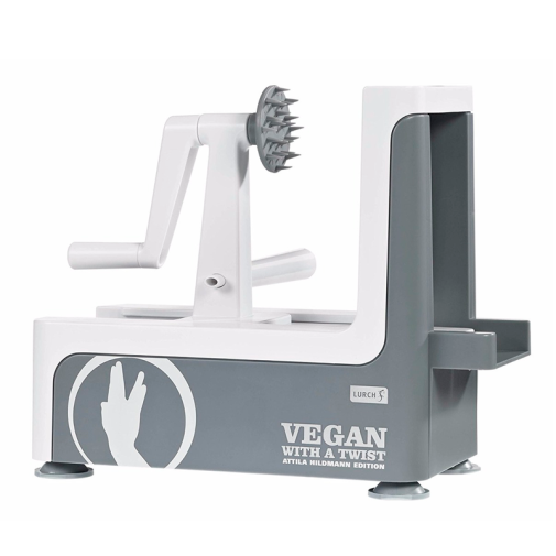 Espiralizador vegano en color blanco y gris para deliciosos espaguetis de verduras.