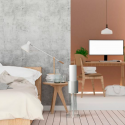 Dormitorio con cama, mesa auxiliar, lámpara y un ionizador de aire para una vista fresca de la oficina.