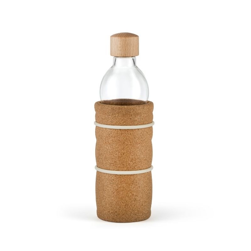Botella de cristal con tapón de madera, envuelta en protección de corcho y bandas elásticas 700ml.
