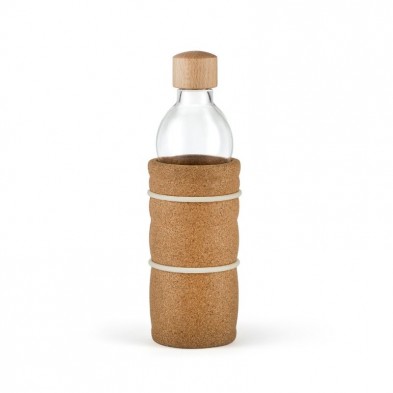 Botella de cristal con tapón de madera, envuelta en protección de corcho y bandas elásticas 700ml.