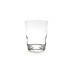 Un vaso de cristal transparente hecho a mano con una curva sutil sobre un fondo blanco.
