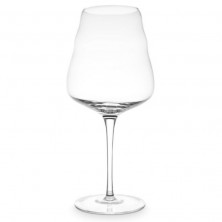 Copa de vino tinto elegante y de forma única, con un contorno ondulado y un tallo largo.