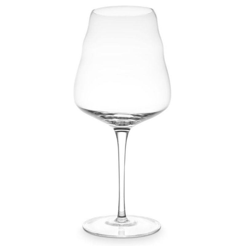 Copa de vino tinto elegante y de forma única, con un contorno ondulado y un tallo largo.