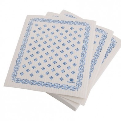 Bayetas de celulosa y algodón con diseño azul para limpieza ecológica.