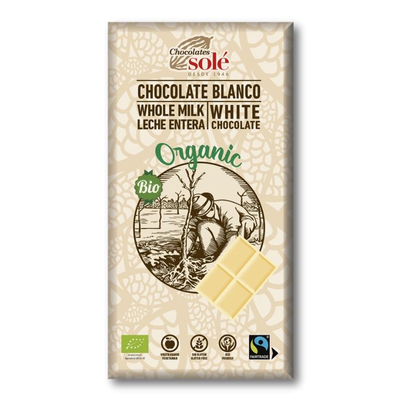 Chocolate blanco de Chocolates Solé que viene envuelto en papel natural y es ecologico