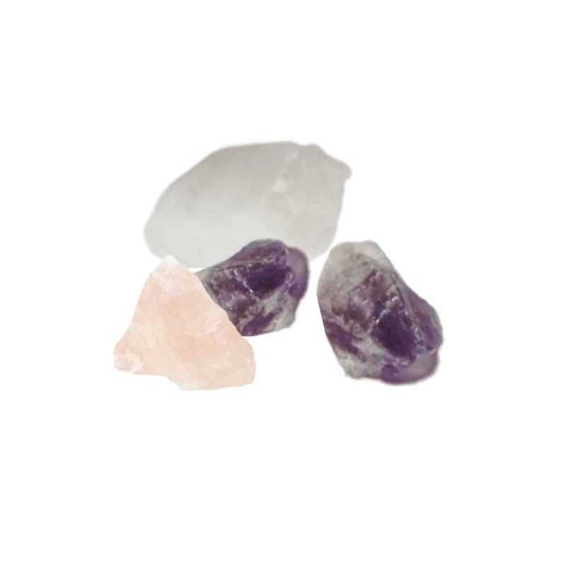 selección de piedras amatistas con cuarzo rosa y blanco