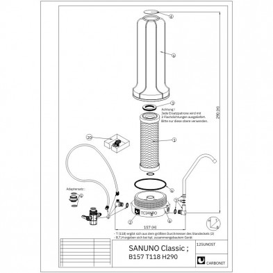 Dibujo técnico del filtro de agua Sanuno Classic Carbonit