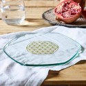 Bandeja de la flor de la vida en oro sobre paño blanco