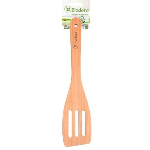 espátula de madera de cerezo natural con packaging