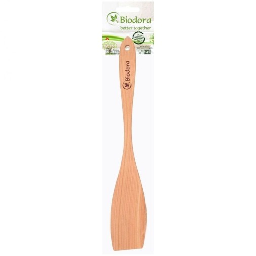 Espátula de madera de cerezo Biodora con su etiqueta oficial