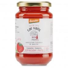 Bote de vidrio con tapa lleno de 350 g de salsa de tomate picante biológico de la marca Call Valls