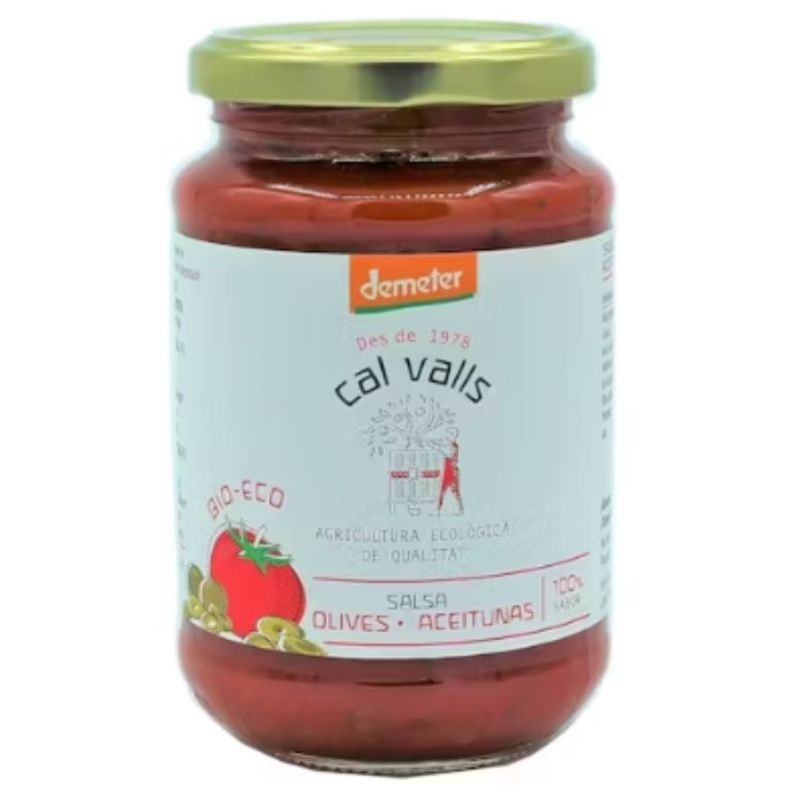 Bote de vidrio con tapa de rosca con 350 g de salsa de tomate con olivas verdes de la casa Cal Valls