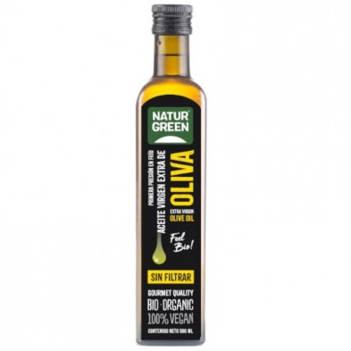 Botella con tapón de aceite de oliva virgen extra sin filtrar ecológico de Naturgreen