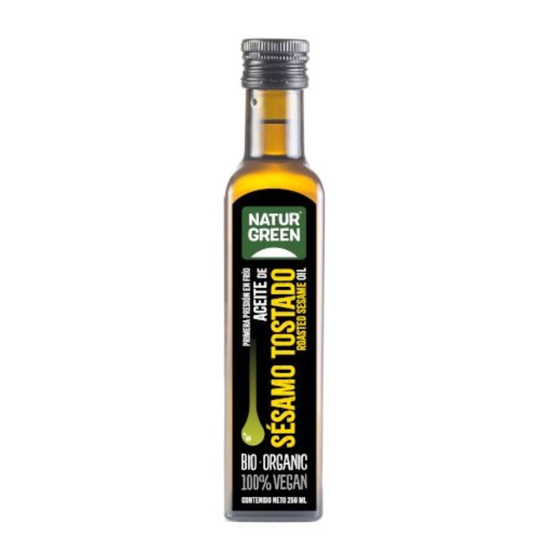 Aceite de sésamo bio envasado en botella con tapón de rosca de la marca Naturgreen