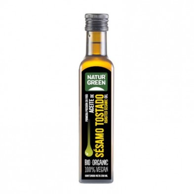 Aceite de sésamo bio envasado en botella con tapón de rosca de la marca Naturgreen