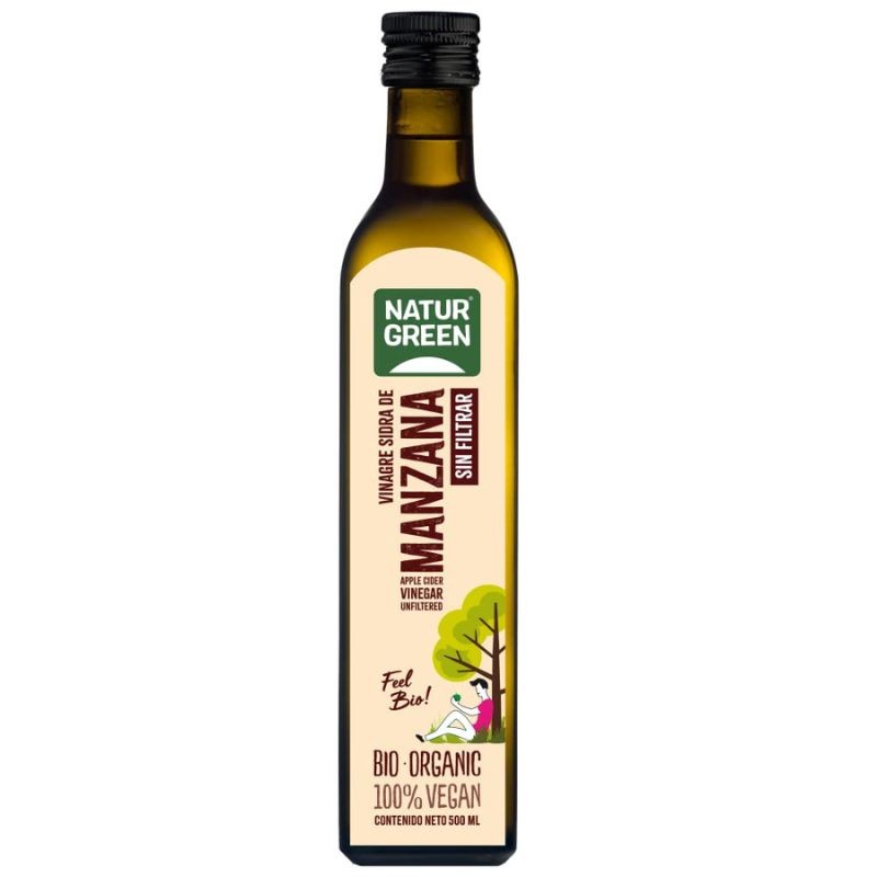 Botella de vinagre de sidra sin filtrar con tapón de rosca de 500 ml de la casa Naturgreen