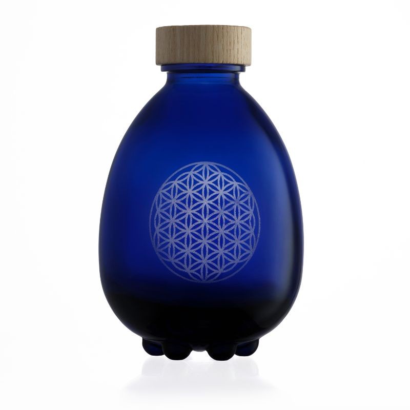 Botella de vidrio azul Vitbot Egg Of Life con la flor de la vida grabada en láser cerámico