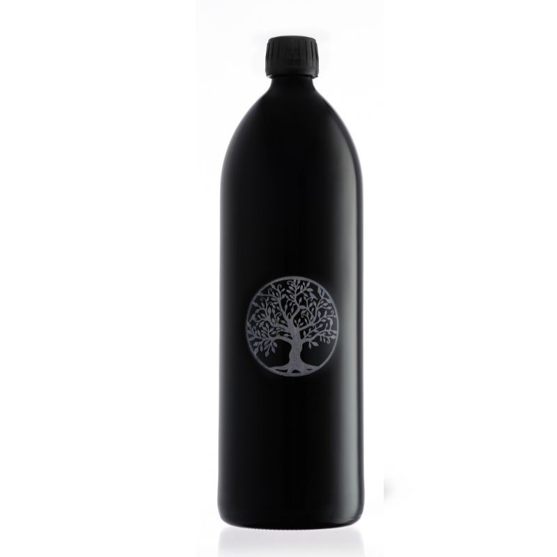 Botella de Miron Violet Glass de 1 litro con el árbol de la vida grabado con láser cerámico