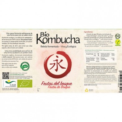 Etiqueta de la botella de vidrio de bio kombucha de frutas del bosque 1 litro