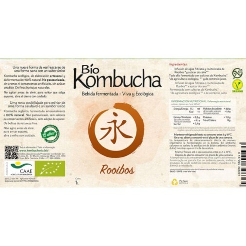 Etiqueta de la botella de vidrio de Bio kombucha Rooibos de 1 litro
