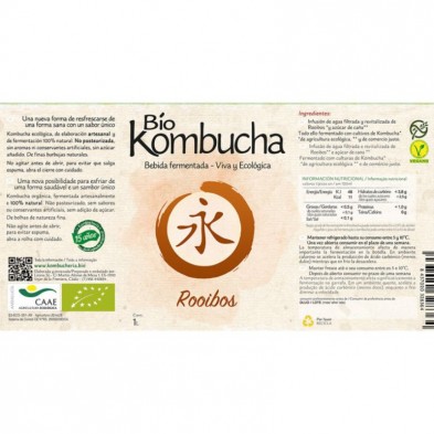 Etiqueta de la botella de vidrio de Bio kombucha Rooibos de 1 litro