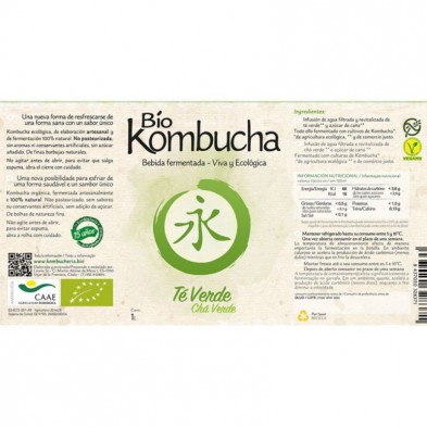 Etiqueta de la botella de vidrio de Bio Kombucha Té Verde 1 litro
