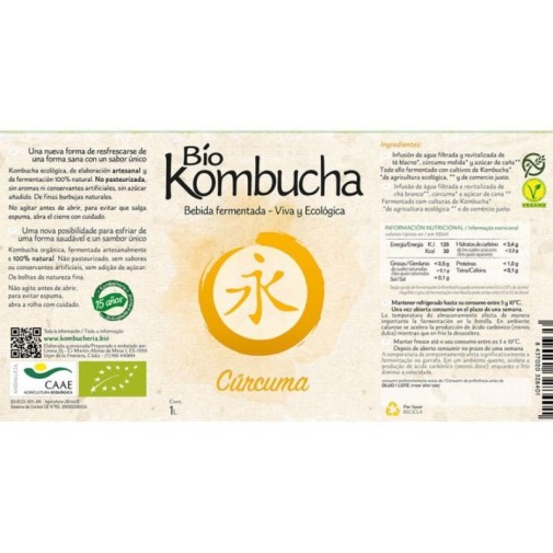 Etiqueta de la botella de 1 litro de Bio Kombucha curcuma sin pasteurizar