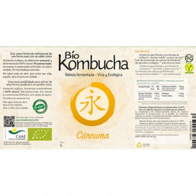 Etiqueta de la botella de 1 litro de Bio Kombucha curcuma sin pasteurizar