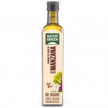 Una botella de vinagre de sidra de manzana NaturGreen con tapón verde y etiqueta que dice "Bio Orgánico 100% Vegano"