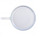 Taza de vidrio de borosilicato con Flor de la Vida detalle ampliado de vista de pájaro del grabado láser en la base exterior