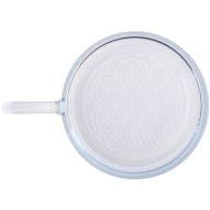 Taza de vidrio de borosilicato con Flor de la Vida detalle ampliado de vista de pájaro del grabado láser en la base exterior