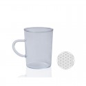 Taza de vidrio de borosilicato con Flor de la Vida grabado en láser cerámico