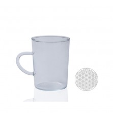 Taza de vidrio de borosilicato con Flor de la Vida grabado en láser cerámico