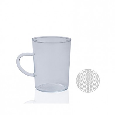 Taza de vidrio de borosilicato con Flor de la Vida grabado en láser cerámico