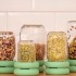 Tarros de diferentes modelos con las tapas germinadoras Sprout Food Huggers y sus semillas germinadas