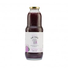Botella de cristal de zumo de uva ecológico Cal Valls con ilustración de uva morada en la etiqueta.