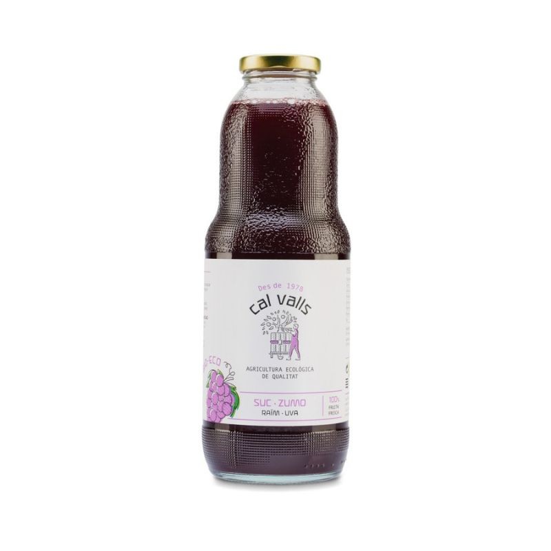 Botella de cristal de zumo de uva ecológico Cal Valls con ilustración de uva morada en la etiqueta.