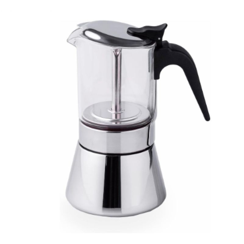 Cafetera Express SIENA Lacor de acero inoxidable, con válvula, mango de baquelita y cuerpo superior de vidrio de borosilicato