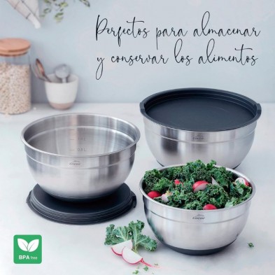 Tres boles INOX Lacor, ideales para almacenar y conservar alimentos.
