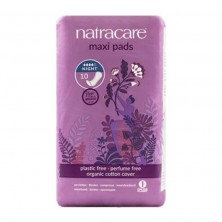 Compresas Maxi Noches Naturales Natracare empaquetadas en una envoltura de almidón vegetal compostable de color púrpura