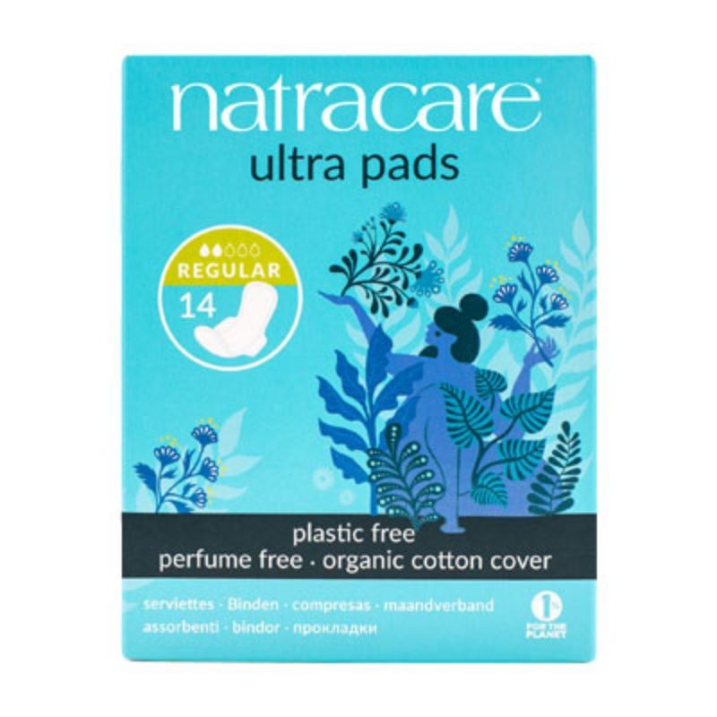 Compresas Ultra Regular Con Alas Natracare packaging reciclado de cartón con tintes vegetales de colores azulados